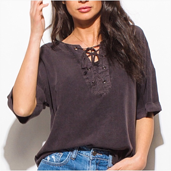 Relaxed Sexy Boho Lace Up Acid Wash Top SMLXL - Picture 7 of 7